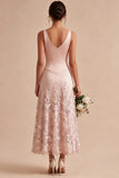 A-Line Pink Satin V-Neck Midi Floral Dress with Sequins