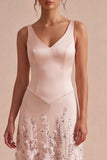 A-Line Pink Satin V-Neck Midi Floral Dress with Sequins