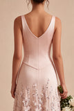 A-Line Pink Satin V-Neck Midi Floral Dress with Sequins