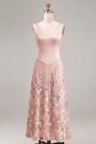 A-Line Pink Satin V-Neck Midi Floral Dress with Sequins