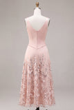 A-Line Pink Satin V-Neck Midi Floral Dress with Sequins