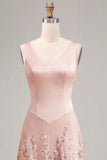 A-Line Pink Satin V-Neck Midi Floral Dress with Sequins