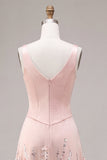 A-Line Pink Satin V-Neck Midi Floral Dress with Sequins