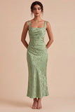 Mermaid Light Green Square Neck Ruched Printed Floral Midi Dress