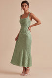 Mermaid Light Green Square Neck Ruched Printed Floral Midi Dress