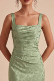 Mermaid Light Green Square Neck Ruched Printed Floral Midi Dress
