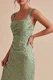 Mermaid Light Green Square Neck Ruched Printed Floral Midi Dress