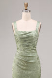 Mermaid Light Green Square Neck Ruched Printed Floral Midi Dress