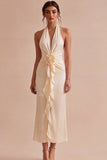 Chiffon Apricot Mermaid Halter Neck Ruched Ruffled Midi Dress with 3D Flower