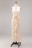 Chiffon Apricot Mermaid Halter Neck Ruched Ruffled Midi Dress with 3D Flower