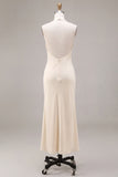 Chiffon Apricot Mermaid Halter Neck Ruched Ruffled Midi Dress with 3D Flower