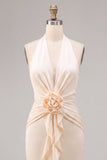 Chiffon Apricot Mermaid Halter Neck Ruched Ruffled Midi Dress with 3D Flower