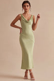 Light Green Cowl Neck Mermaid Satin Midi Dress