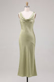 Light Green Cowl Neck Mermaid Satin Midi Dress
