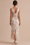 White Pink Flower Cowl Neck Mermaid Sequins Midi Dress with Slit