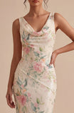 White Pink Flower Cowl Neck Mermaid Sequins Midi Dress with Slit