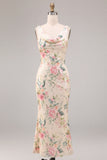 White Pink Flower Cowl Neck Mermaid Sequins Midi Dress with Slit