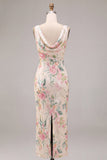 White Pink Flower Cowl Neck Mermaid Sequins Midi Dress with Slit