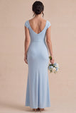 Sky Blue Mermaid Ruched Cowl Neck Maxi Dress