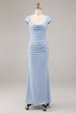 Sky Blue Mermaid Ruched Cowl Neck Maxi Dress