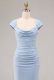 Sky Blue Mermaid Ruched Cowl Neck Maxi Dress