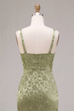 Light Green Satin Bodycon Ruched Midi Floral Dress with Slit
