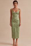 Light Green Satin Bodycon Ruched Midi Floral Dress with Slit
