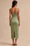 Light Green Satin Bodycon Ruched Midi Floral Dress with Slit