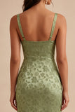 Light Green Satin Bodycon Ruched Midi Floral Dress with Slit