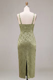 Light Green Satin Bodycon Ruched Midi Floral Dress with Slit