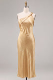 Satin Gold One Shoulder Mermaid Midi Dress