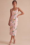 Bodycon Pink Square Neck Midi Floral Dress with Slit