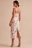 Bodycon Pink Square Neck Midi Floral Dress with Slit