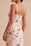 Bodycon Pink Square Neck Midi Floral Dress with Slit