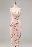 Bodycon Pink Square Neck Midi Floral Dress with Slit