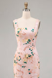 Bodycon Pink Square Neck Midi Floral Dress with Slit