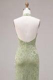 Light Green Halter Neck Printed Mermaid Floral Midi Dress