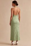 Light Green Halter Neck Printed Mermaid Floral Midi Dress
