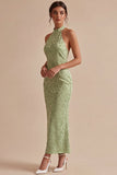 Light Green Halter Neck Printed Mermaid Floral Midi Dress