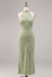 Light Green Halter Neck Printed Mermaid Floral Midi Dress
