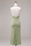 Light Green Halter Neck Printed Mermaid Floral Midi Dress