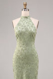 Light Green Halter Neck Printed Mermaid Floral Midi Dress