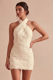 Halter Neck Floral Bodycon Little White Dress