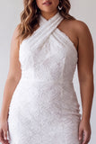 Floral Bodycon Halter Neck Plus Size Little White Dress