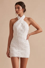 Halter Neck Floral Bodycon Little White Dress