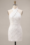 Halter Neck Floral Bodycon Little White Dress