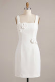 Square Neck Bodycon Little White Dress with 3D Flowers