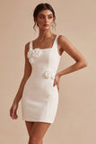 Square Neck Bodycon Little White Dress with 3D Flowers