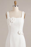 Square Neck Bodycon Little White Dress with 3D Flowers