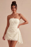 Strapless Floral Bodycon Little White Dress with Sash